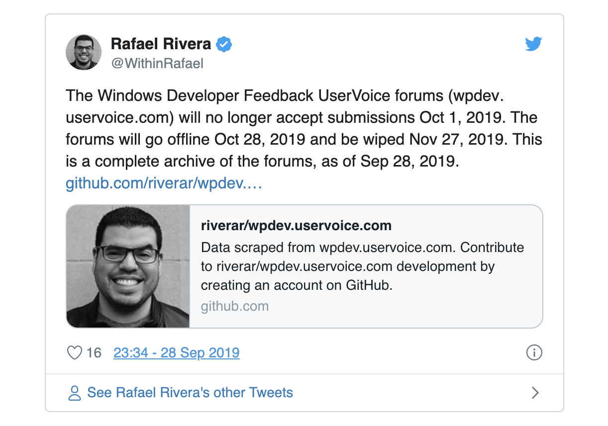 Tweet Announcing Shut Down of Windows Developer Forums (2019)